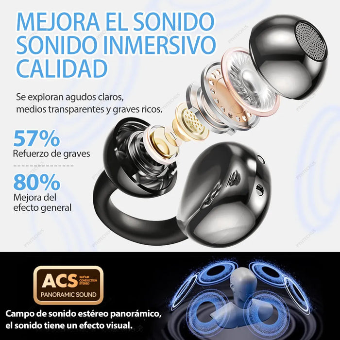 Audífonos Bluetooth Pthtechus Inalámbrico M91 Freeclip Ear Impermeable Ipx6 Micrófono Hd Integrado Cancelación De Ruido Gamer Deportivos Color Negro Luz Led Azul