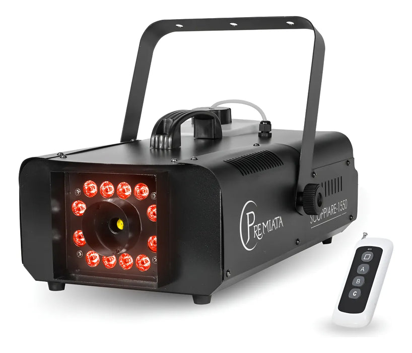 MAQUINA DE HUMO 1500W CONTROL INALÃ¡MBRICO STEELPRO HURRICANE COLOR NEGRO DMX 12 LEDS RGB GRADO B