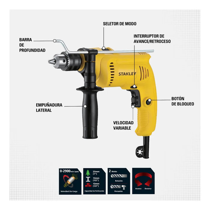 KIT TALADRO PERCUTOR 3/8 + ACCESORIOS STANLEY SCH10D2K AMARILLO 60 HZ GRADO A