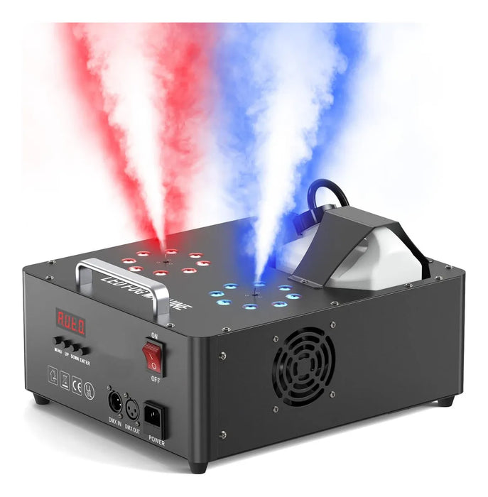 MÁQUINA DE HUMO DE 3000 VATIOS, EQUIPADA CON 16 LUCES LED DE COLORES Y 4 EFECTOS ESTROBOSCÓPICOS, UNIDAD DE NEBULIZACIÓN AUTOMÁTICA DE 2500 PIES CÚBICOS POR MINUTO. CON PROTECCIÓN AUTOMÁTICA CONTRA GRADO B - TiendaKomet México