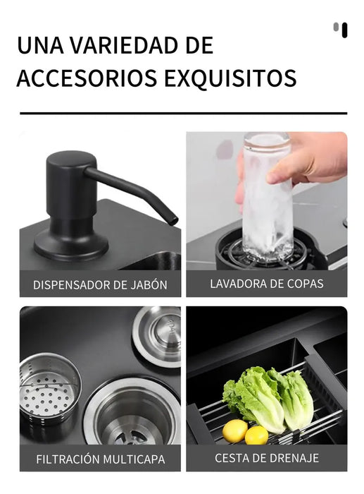 FREGADERO DE COCINA TARJA DOBLE ACERO 304 INOXIDABLE 78*43CM NEGRO GRADO B