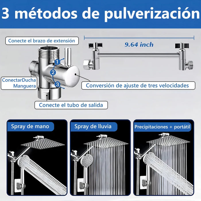 REGADERA CUADRADA MANO ALTA PRESION TIPO LLUVIA CON TELEFONO GRADO B