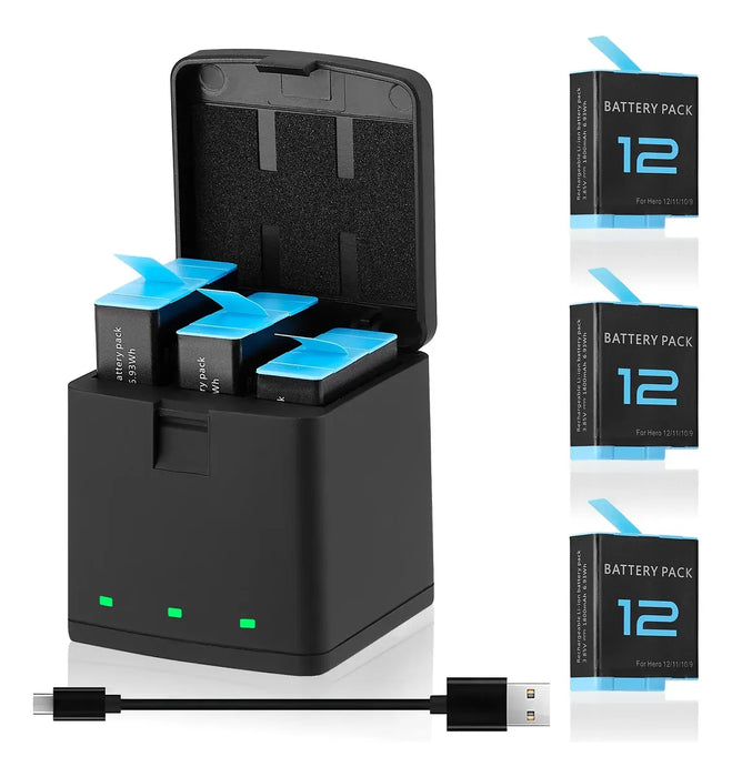 KIT DE BATERÍ­AS DE 3 PIEZAS PARA GOPRO HERO 9-12 + CARGADOR GRADO B