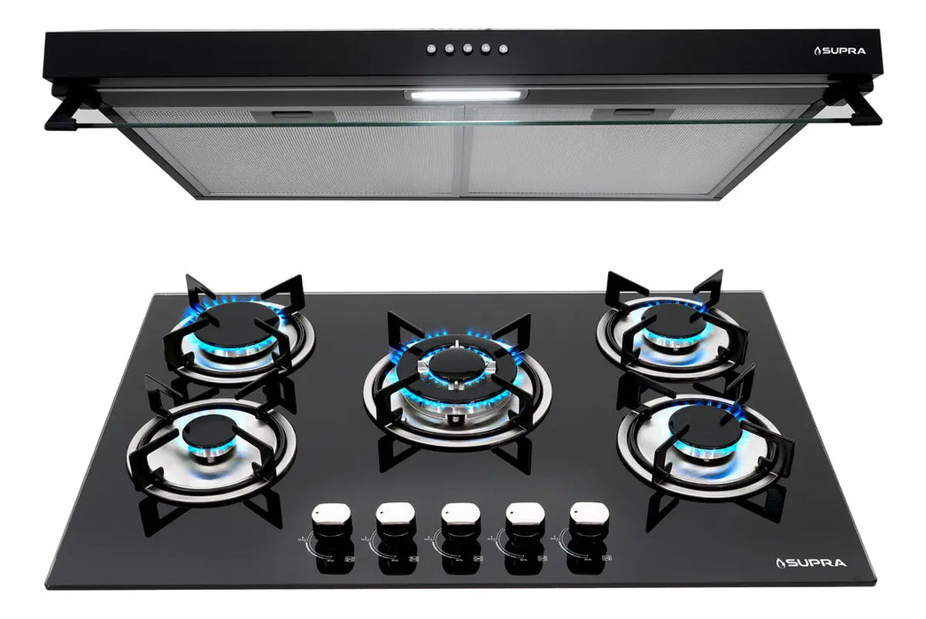 COMBO SUPRA PARRILLA EMPOTRABLE A GAS Y CAMPANA DE PARED COLOR NEGRO GRADO B