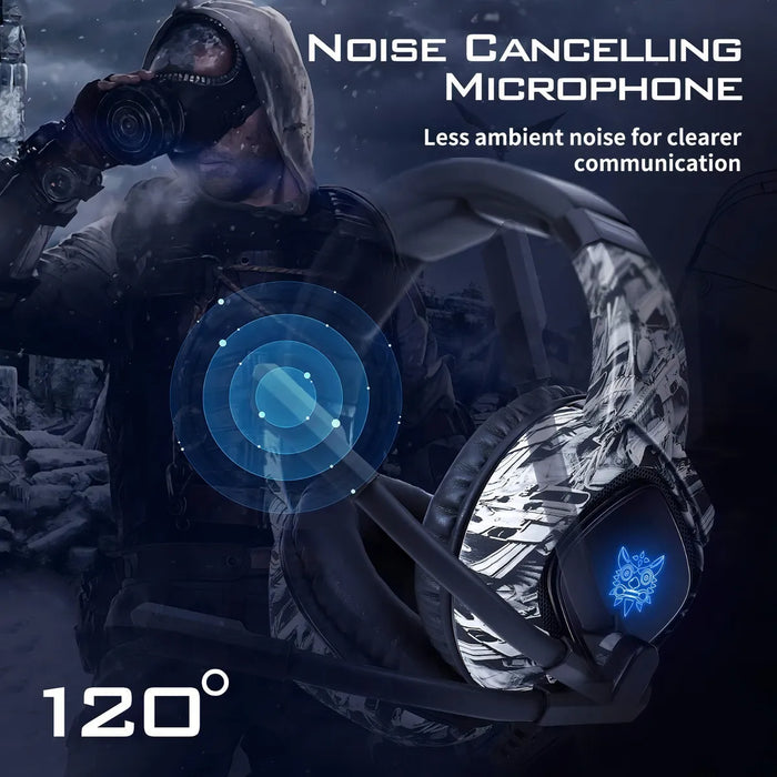 Audifonos Gamer Onikuma K19 Camuflaje Gris Con Luz Rgb Led GRADO B