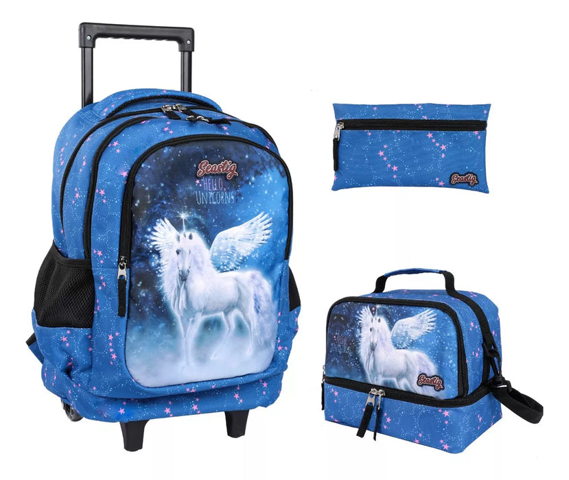 seastig mochila rodante para niã±os, mochila con ruedas de doble asa con bolsa de almuerzo y estuche para lã¡pices, white horse 3994