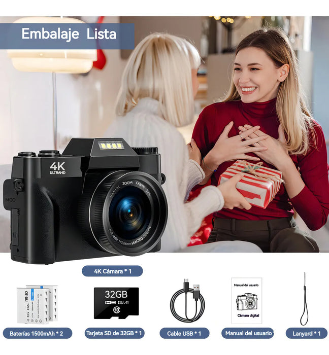 Cámara Digital Wifi Autofocus 4k Aorzoo 75MP Negro Con Pantalla Rotación 180°+tarjeta Sd 2 Pilas GRADO B