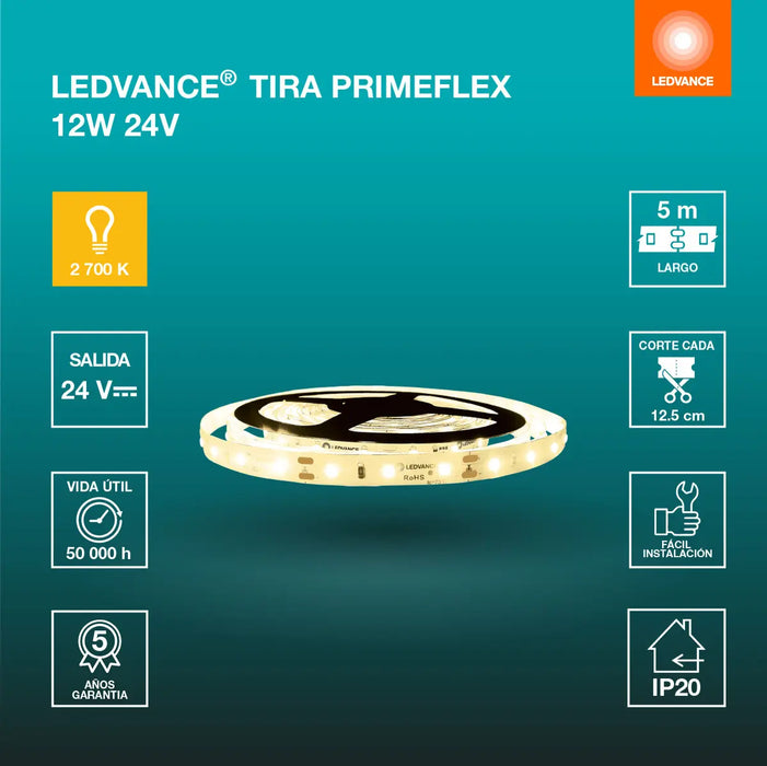 TIRA LED PRIMEFLEX LEDVANCE 12W LUZ CALIDA 5MTS 24V GRADO B