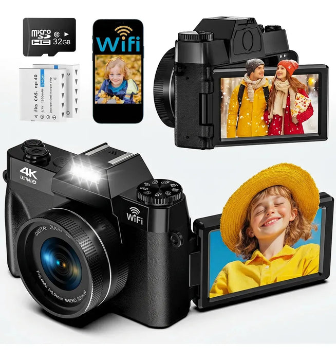 Cámara Digital Wifi Autofocus 4k Aorzoo 75MP Negro Con Pantalla Rotación 180°+tarjeta Sd 2 Pilas GRADO B