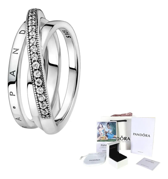 ANILLO PANDORA DE BANDA TRIPLE CRUZADO CON PAVÉ GRADO B