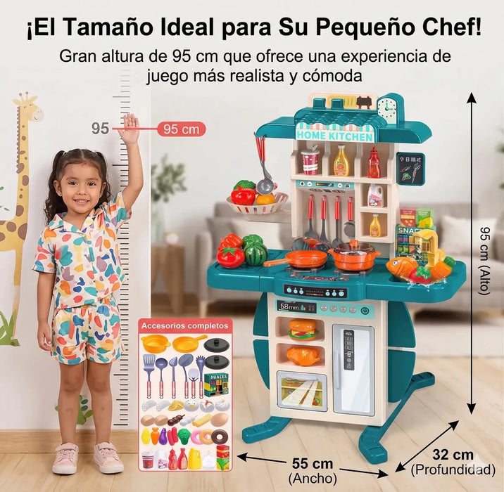 COCINA JUGUETE PARA NIÑOS 73 PIEZAS LUZ SONIDO Y AGUA 95CM COLOR VERDE GRADO B