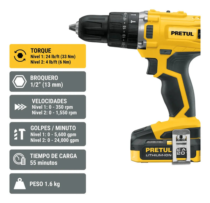 COMBO ROTOMARTILLO/DESTORNILLADOR + DESTORNILLADOR DE IMPACTO, 20V PRETUL COMBO-20P AMARILLO