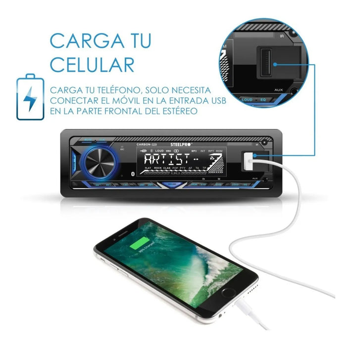 AUTOESTÃ©REO PARA AUTO STEELPRO CARBON 329 CON USB, BLUETOOTH Y LECTOR DE TARJETA SD GRADO B