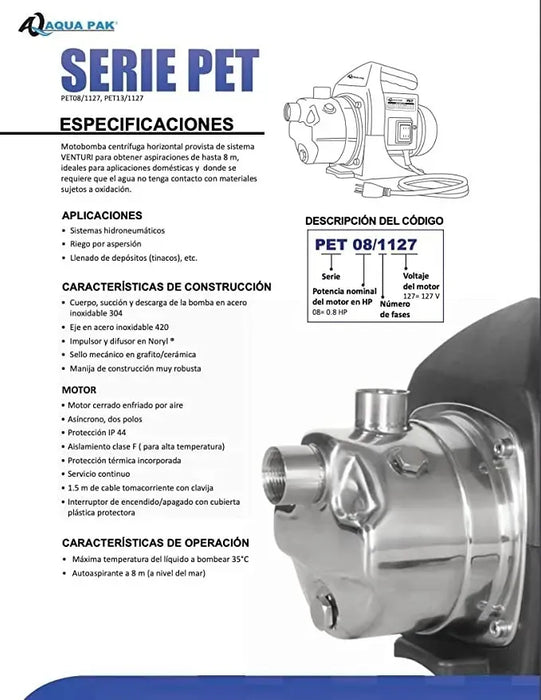Presurizador AutomÃ¡tico Aquapak Pet 1.3 Hp, 110v 2 A 3 BaÃ±os GRADO B