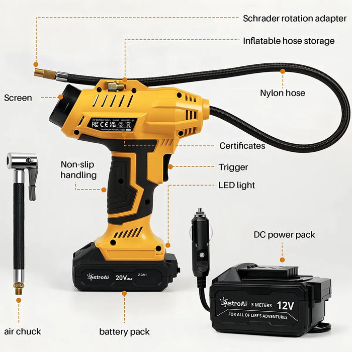 Astroai Compresor De Aire Inalámbrico Para Inflar Neumáticos, Batería Recargable,160 Psi,bomba De Aire Portátil De Mano Para Automóvil De 12 V, Aire Inflador Eléctrica, GRADO B