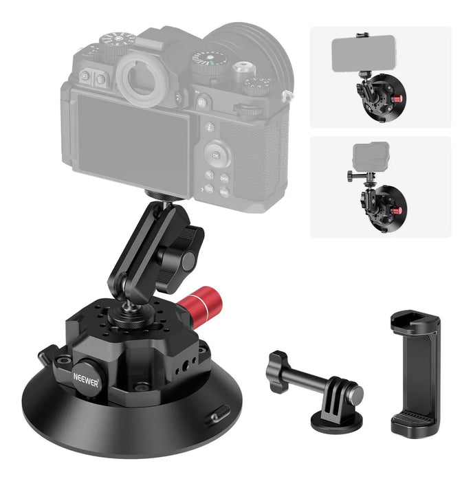 NEEWER SOPORTE DE MONTAJE PARA CÁMARA CON VENTOSA DE 3 PULGADAS CON CABEZA DE BOLA, BRAZO MÁGICO DE 1/4 PULGADAS, AGUJEROS ARRI DE LIBERACIÓN RÁPIDA PARA COCHE CON SOPORTE PARA TELÉFONO Y ADAPTADOR GRADO B