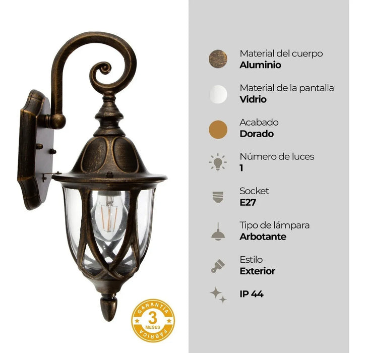 Farol De Pared Negra Y Dorado 100w E27 1 Luz