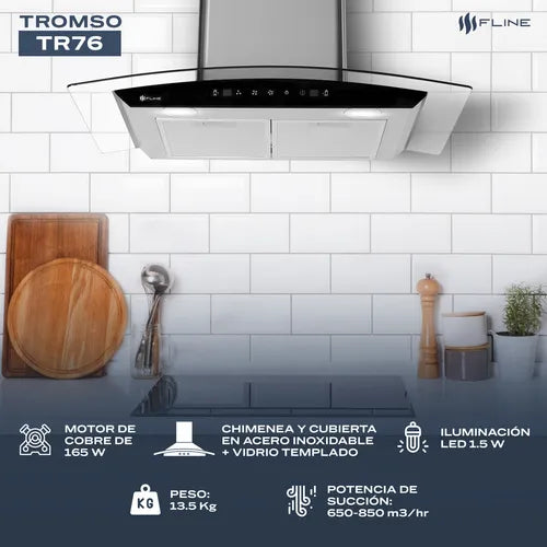 Campana De Cocina 76 Cm De Pared Cristal Curvo Fline | Tr76 Color Gris GRADO B