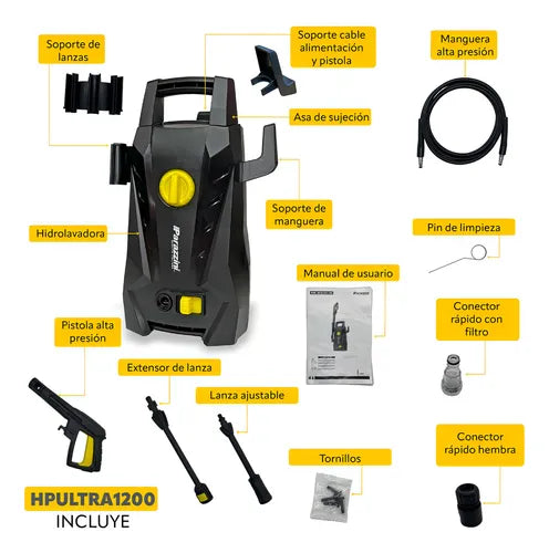 Hidrolavadora Eléctrica 1200 Parazzini 1450psi 70 bar 6.5 l/min con acesorios sin jabonera GRADO A