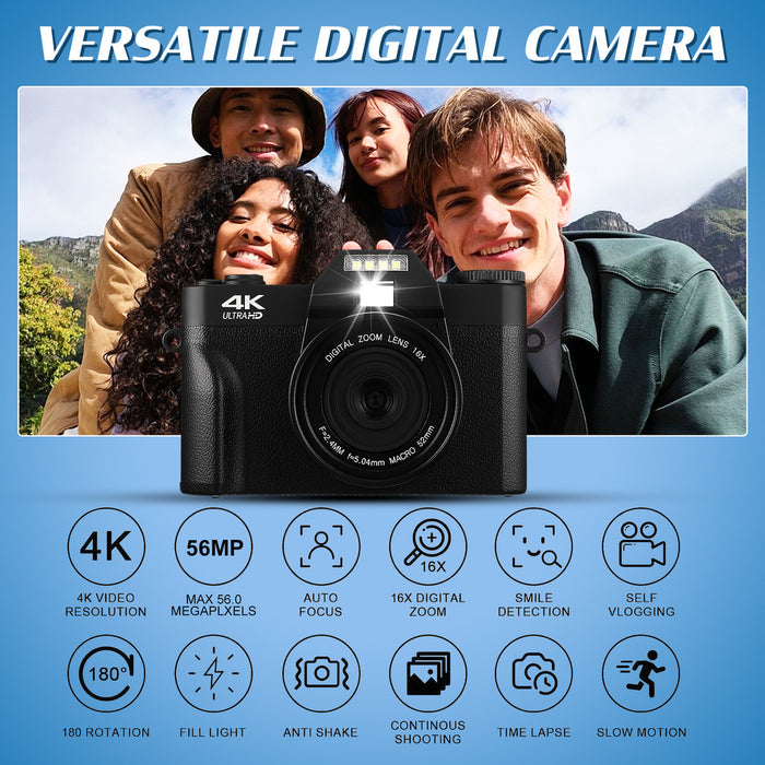 CAMARA DIGITAL AUTOFOCUS 4K 56MP CON PANTALLA ROTACION 180