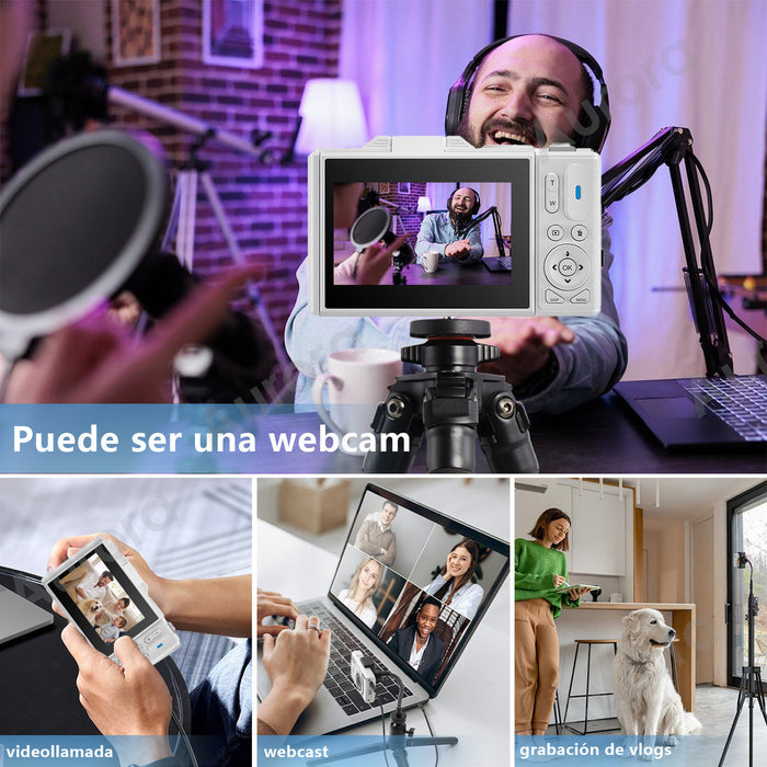 Cámara Digital Aurora 4k 64mp Cámara Vlog Con Tarjeta +32gb 2 Pilas Color Blanco