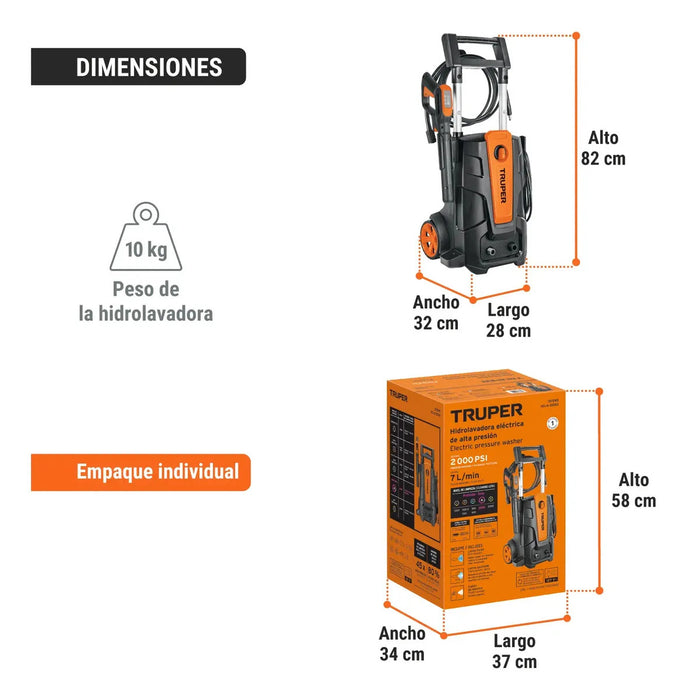 HIDROLAVADORA ELÉCTRICA PRESIÓN MÁXIMA 2000 PSI COLOR NARANJA/NEGRO FRECUENCIA 60 HZ TRUPER HILA-2000 GRADO B