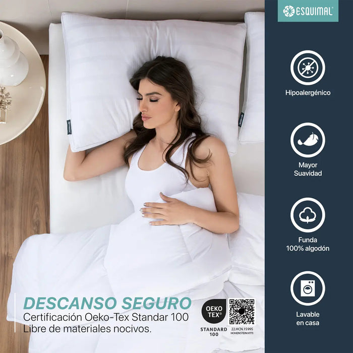 PAQUETE DE 2 ALMOHADAS INDI-QUEEN SIZE, 100% ALGODÓN ESQUIMAL, 300 HILOS, RELLENO TIPO DOWN, FRESCA, TRANSPIRABLE Y NATURAL. BLANCO GRADO A