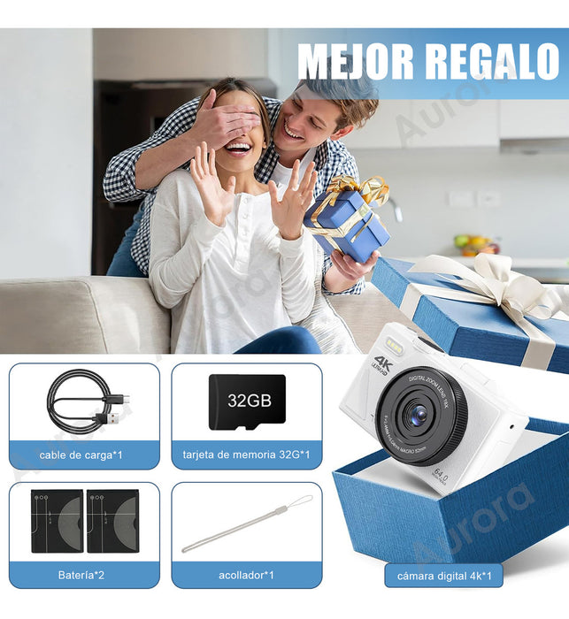 Cámara Digital Aurora 4k 64mp Cámara Vlog Con Tarjeta +32gb 2 Pilas Color Blanco