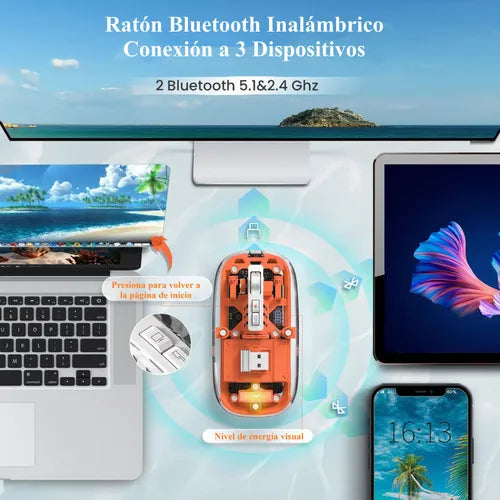 RATON TRANSPARENTE INALAMBRICO RECARGABLE 2.4G COLOR NARANJA GRADO A