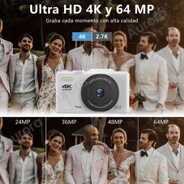 Cámara Digital Aurora 4k 64mp Cámara Vlog Con Tarjeta +32gb 2 Pilas Color Blanco