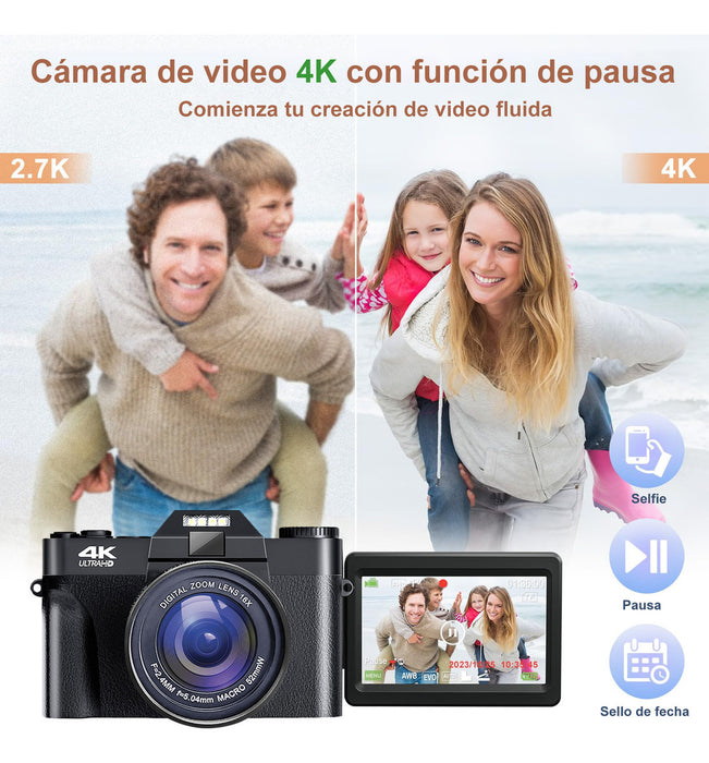 Cámara Digital Compacta Ourlife Con Flash Y Grabación De Video En 4k Negro