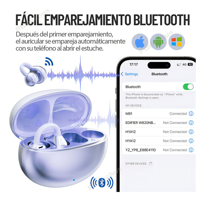 Audífonos Pthtechus M91 Clip-ear Inalambricos Bluetooth Ipx6 Micrófono Hd Integrado Open Ear Cancelación De Ruido Earbuds Gamer Deportivos Headset Luz Led Color Violeta