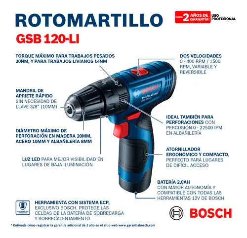 Rotomartillo Inalámbrico Bosch Gsb 120-li 2 Baterías Y Maletín GRADO B
