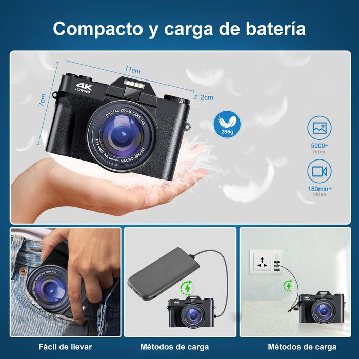 Cámara Digital Compacta Ourlife Con Flash Y Grabación De Video En 4k Negro