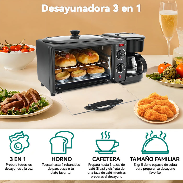 3 EN 1 HORNO TOSTADOR PARA DESAYUNO CON CAFETERA GRADO A