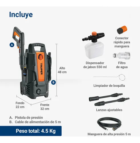 Hidrolavadora ElÃ©ctrica PresiÃ³n MÃ¡xima 1500 Psi Color Negro Truper Hila-1500 GRADO B
