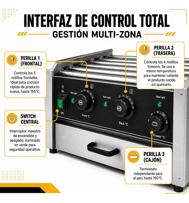 MAQUINA PARA HOT DOGS 16 SALCHICHAS COMERCIAL 18 PANES 9 RODILLOS CALENTADOR ELECTRICO 2200W 155° C CAJON CAPELO CRISTAL TEMPLADO ACERO INOXIDABLE NEGOCIO SNACK BAR EVENTO FOOD TRUCK USO RUDO GRADO B