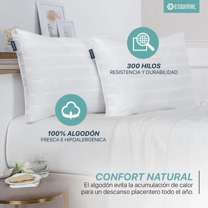 PAQUETE DE 2 ALMOHADAS INDI-QUEEN SIZE, 100% ALGODÓN ESQUIMAL, 300 HILOS, RELLENO TIPO DOWN, FRESCA, TRANSPIRABLE Y NATURAL. BLANCO GRADO A