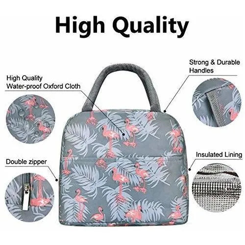 Lonchera termica con bolsillo frontal gris diseño de flamingos  grado b