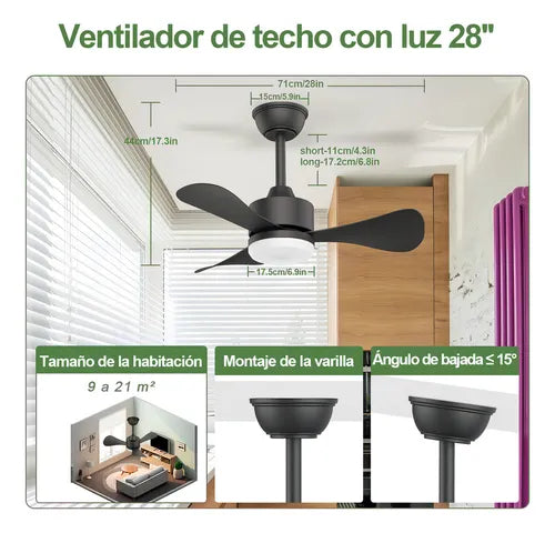 Ventilador De Techo Modernos De 28 Pulgadas, Ventilador De Techo Con Luz Led Y Control Remoto, Lampara Ventilador Silencioso De 3 Aspas Para Interior/exterior Con 3cct+6 Velocidades