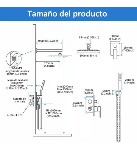 REGADERA MONOMANDO CUADRADA LUJO LLUVIA KIT TELÉFONO