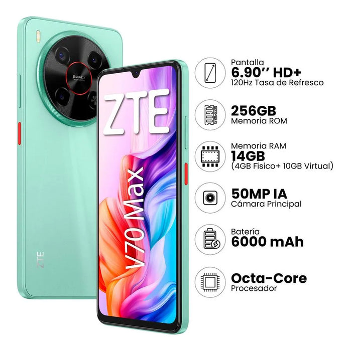 Zte Smartphone Blade V70 Max Verde 6.9 120hz, 50mp+ia, 256gb+14gb Ram(4gb+10gb DinÃ¡mica), BaterÃ­a 6000mah, Android 14 Verde