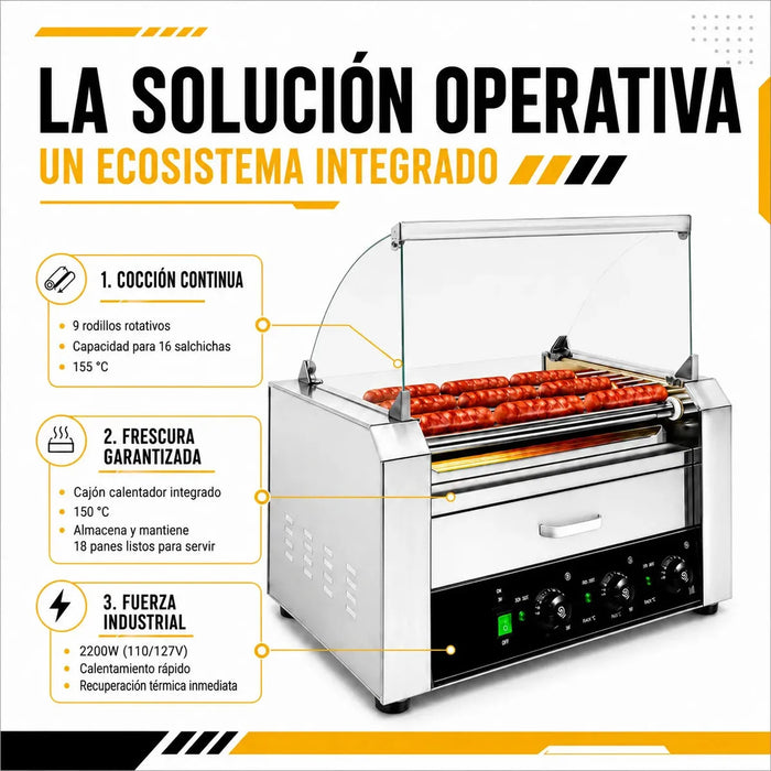 MAQUINA PARA HOT DOGS 16 SALCHICHAS COMERCIAL 18 PANES 9 RODILLOS CALENTADOR ELECTRICO 2200W 155° C CAJON CAPELO CRISTAL TEMPLADO ACERO INOXIDABLE NEGOCIO SNACK BAR EVENTO FOOD TRUCK USO RUDO GRADO B