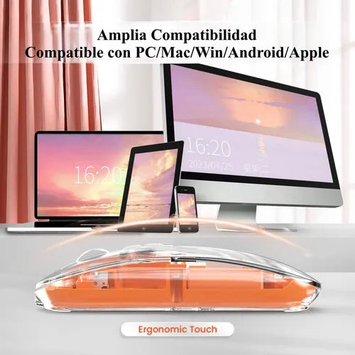 RATON TRANSPARENTE INALAMBRICO RECARGABLE 2.4G COLOR NARANJA GRADO A