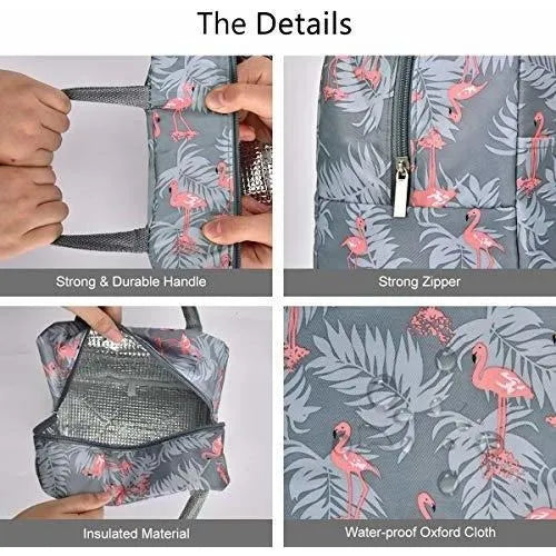 Lonchera termica con bolsillo frontal gris diseño de flamingos  grado b