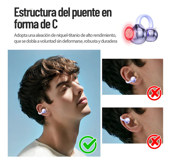 Audífonos Pthtechus M91 Clip-ear Inalambricos Bluetooth Ipx6 Micrófono Hd Integrado Open Ear Cancelación De Ruido Earbuds Gamer Deportivos Headset Luz Led Color Violeta