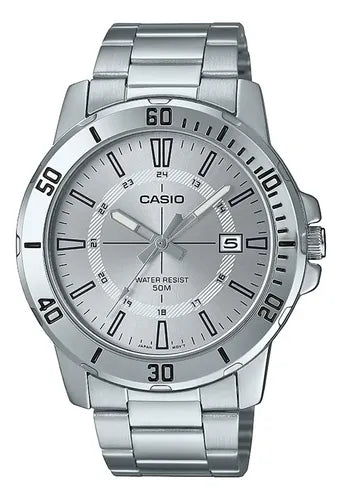 RELOJ CASIO MTPVD01 7C HOMBRE ACERO INOXIDABLE FECHADOR CORREA PLATEADO BISEL PLATEADO FONDO PLATEADO GRADO B