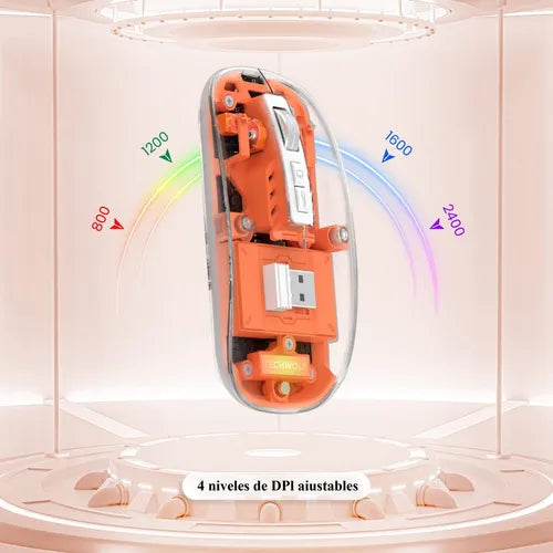 RATON TRANSPARENTE INALAMBRICO RECARGABLE 2.4G COLOR NARANJA GRADO A