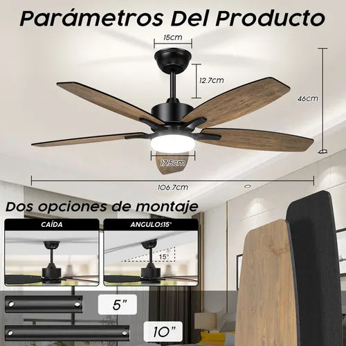 Ventilador De Techo Led 6 Velocidade Control Remoto 5 Aspas, Acero Inoxidable, 3 Opciones De Luz, 6500k, 4500k, 3500k, Sincronización 1h, 2h, 4h, Adelante Y Atrás, Sala De Estar, Dormitorio, Oficina.