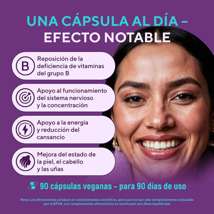 Complejo B vegano con inositol y colina vitaminas B1 B2 B3 B4 B5 B6 B7 B12 suplemento para energia nervios y piel sin gluten sin azucar 90 caps GRADO B
